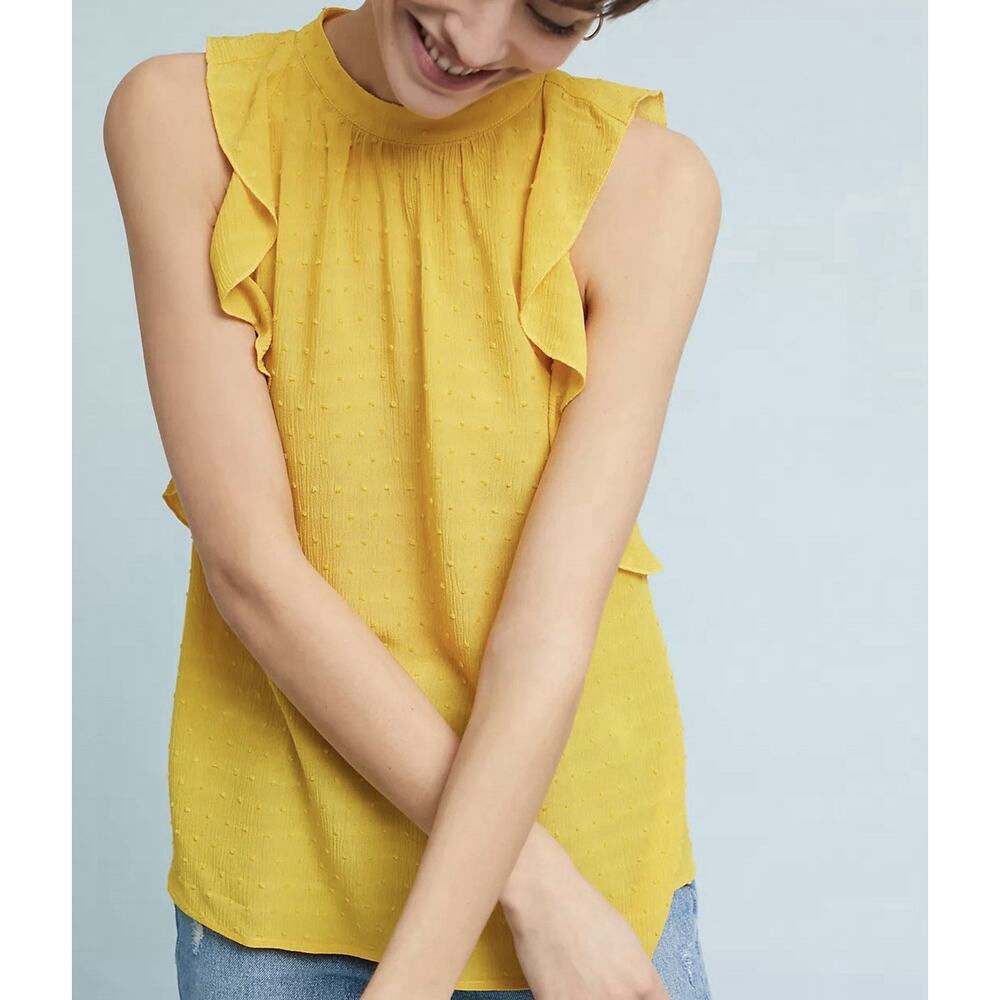 Anthropologie Maeve Lola Ruffled Top Sleeveless Blouse Sz Medium Mustard Yellow